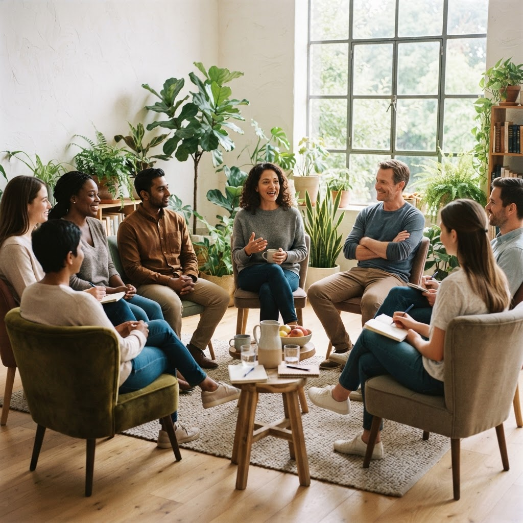 A small team seated in a circle during a workplace wellbeing workshop in a bright, plant-filled room